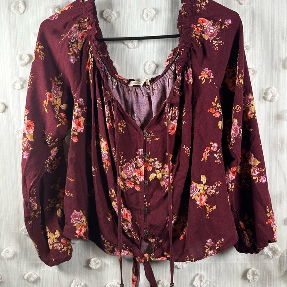 Rewind Tops - Rewind Burgundy Floral Boho Blouse Size XS